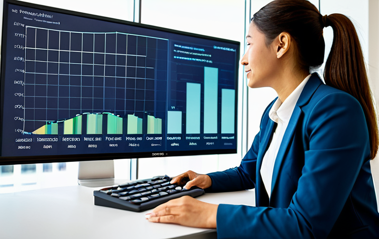 A professional female career counselor, fully clothed in a modest business blazer and trousers, is sitting at a sleek desk in a bright, modern learning center. She is focused on a large interactive digital screen displaying career development data and graphs. Diverse, professional-looking individuals are blurred in the background, also engaged in learning. The room has warm, natural lighting and contemporary decor. Perfect anatomy, correct proportions, natural pose, well-formed hands, proper finger count, professional photography, high resolution, detailed, high quality, safe for work, appropriate content, fully clothed, professional dress, family-friendly.