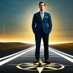 A professional individual, gender-neutral, stands poised, fully clothed in a modest business suit, appropriate attire. The background behind them transitions from a swirling, abstract representation of confusion and uncertainty on the left to a clear, illuminated pathway leading towards a bright, distant horizon on the right, symbolizing discovery and purpose. The person holds a vintage brass compass, its needle pointing firmly forward. The scene is filled with a sense of hopeful determination and new beginnings. Perfect anatomy, correct proportions, natural pose, well-formed hands, proper finger count, natural body proportions. Professional photography, high-resolution, sharp focus, vibrant colors, cinematic lighting. Safe for work, appropriate content, fully clothed, professional.