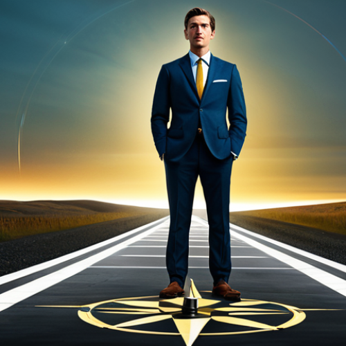 Home 6 A professional individual, gender-neutral, stands poised, fully clothed in a modest business suit, appropriate attire. The background behind them transitions from a swirling, abstract representation of confusion and uncertainty on the left to a clear, illuminated pathway leading towards a bright, distant horizon on the right, symbolizing discovery and purpose. The person holds a vintage brass compass, its needle pointing firmly forward. The scene is filled with a sense of hopeful determination and new beginnings. Perfect anatomy, correct proportions, natural pose, well-formed hands, proper finger count, natural body proportions. Professional photography, high-resolution, sharp focus, vibrant colors, cinematic lighting. Safe for work, appropriate content, fully clothed, professional.